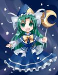  :d bowtie capelet chain chains chibi dress green_eyes green_hair hat highres long_hair mima no_legs open_mouth ribbon smile solo staff star touhou touhou_(pc-98) uiru wizard_hat 