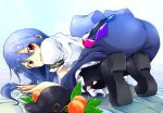  all_fours ass bed blue_hair boots food fruit hat hat_removed headwear_removed hinanawi_tenshi kotomuke_fuurin looking_back peach red_eyes shijimi-sama smile solo top-down_bottom-up touhou 