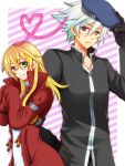  1boy 1girl beret black_gloves blazblue blonde_hair cosplay costume_switch gloves green_eyes hat heart height_difference hetero jacket long_hair magariku noel_vermillion oversized_clothes popped_collar ragna_the_bloodedge red_eyes red_jacket short_hair silver_hair smile spiky_hair sweatdrop 