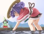  bent_over character_request farm field flx goddess hat japanese_clothes long_hair multiple_girls plant purple_eyes purple_hair rice_paddy scenery short_hair touhou wakaukanome_no_mikoto yasaka_kanako young 