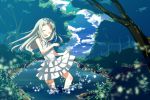  :d bare_legs bare_shoulders closed_eyes cloud clouds dress eyes_closed fireflies forest happy highres honma_meiko long_hair nature open_mouth river silver_hair sky sleeveless smile sundress tree wading yanagi_yuu 