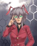  breasts glasses green_eyes grey_hair highres houtengeki insect_girl jacket large_breasts original solo 