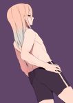  1boy afuro_terumi ai5108 bike_shorts blue_hair dutch_angle from_behind inazuma_eleven inazuma_eleven_(series) long_hair male multicolored_hair red_eyes shirtless simple_background solo two-tone_hair 