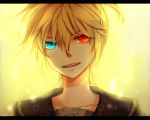  &gt;:) bangs blonde_hair blue_eyes heterochromia kagamine_len letterboxed male mukkun multicolored_eyes open_mouth portrait red_eyes short_ponytail solo vocaloid 