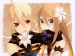  blonde_hair blue_eyes brown_hair emil_castagnier flower long_hair marta_lualdi mouth_hold red_eyes scarf smile tales_of_(series) tales_of_symphonia tales_of_symphonia_knight_of_ratatosk 