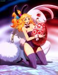  animal_ears bad_hands black_legwear blonde_hair blue_eyes breasts bunny bunny_ears bunnysuit cleavage easter_egg genzoman high-heels large_breasts original rabbit shoes zipper 