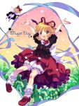  \o/ amo arms_up black_shirt blonde_hair bloomers blue_eyes blush doll dress flower_field hair_ribbon loafers medicine_melancholy open_mouth outstretched_arms red_dress ribbon shoes solo su-san touhou upskirt wings 
