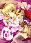  blonde_hair charlotte_(madoka_magica) drill_hair hat kyubey lying magical_girl mahou_shoujo_madoka_magica skirt thigh-highs thighhighs tomoe_mami twin_drills twintails yellow_eyes yukim27 zettai_ryouiki 