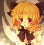  1girl amahira blonde_hair bow chestnut_mouth dress drill_hair hair_bow hat light_particles luna_child red_eyes ribbon short_hair solo touhou wings 
