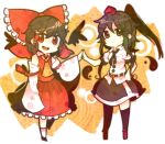  ascot bad_id belt black_hair blush bow brown_eyes brown_hair chibi cosplay costume_switch detached_sleeves dress_shirt geta hair_bow hair_tubes hakurei_reimu hakurei_reimu_(cosplay) hat miko multiple_girls ponytail ringetsumon shameimaru_aya shameimaru_aya_(cosplay) shirt short_hair skirt smile standing tengu tokin_hat touhou wings yin_yang 