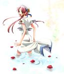  kagura_(anomalo-anima) looking_back mizunashi_akari open_mouth payot petals pink_hair skirt_hold solo uniform wading water 