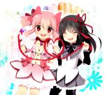  alternate_hairstyle black_hair blush bow buttons choker closed_eyes dress eyes_closed frilled_dress frills hair_bow hair_ornament hairband hand_holding heart holding_hands kaname_madoka long_hair magical_girl mahou_shoujo_madoka_magica mapiru open_mouth pantyhose pink_hair puffy_sleeves red_string smile soul_gem string twintails yuri 