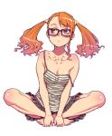  ano_hi_mita_hana_no_namae_wo_bokutachi_wa_mada_shiranai bare_legs bare_shoulders barefoot blush body_blush breasts brown_eyes camisole earrings face feet glasses hands hands_on_feet highres hijiri_rei indian_style jewelry off_shoulder orange_hair shirt simple_background sitting solo strap_slip striped striped_shirt twintails 