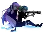  aira_(exp) breasts cleavage gun hatsune_miku headphones high_heels megurine_luka multiple_girls pistol rocket_launcher shoes simple_background sitting skirt smile squatting thigh-highs thighhighs vocaloid weapon 