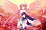  akemi_homura black_eyes black_hair english gloves goddess_madoka heiyi highres kaname_madoka long_hair mahou_shoujo_madoka_magica multiple_girls pink_hair smile spoilers twintails ultimate_madoka white_gloves wings yellow_eyes 