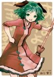  animal_ears bamboo_broom blush broom dress fang green_eyes green_hair hand_on_hip hips kasodani_kyouko kurobuta_gekkan open_mouth short_hair smile solo standing touhou 