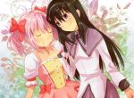  akemi_homura black_hair blush bow closed_eyes eyes_closed hair_bow hairband kaeru314 kaname_madoka mahou_shoujo_madoka_magica multiple_girls pink_hair twintails 