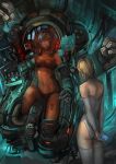  ass barcode blonde_hair bra controller copyright_request cyberpunk erect_nipples from_behind game_controller highres holographic_interface lingerie lips lipstick makeup mecha multiple_girls narongchai_singhapand navel panties power_armor readman robot_arms robotic_arms science_fiction short_hair shoulder_plates strapless_bra thigh-highs thighhighs underwear 