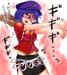  beret blue_hair blush breasts fang grey_eyes hands_on_shoulders hat looking_back midriff miyako_yoshika navel ofuda open_mouth outstretched_arms roki_(hirokix) short_hair side_slit skirt smile solo star touhou translated translation_request zombie_pose 