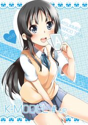  :d akiyama_mio black_hair blue_card blue_eyes blush card cover cover_page heart holding holding_card k-on! long_hair mitsuki_meiya open_mouth pleated_skirt school_uniform sitting skirt smile solo 