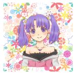  bare_shoulders check_(check_book) earrings flower fractale hair_flower hair_ornament jewelry necklace nessa off_shoulder purple_hair smile solo twintails 