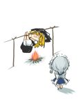  bad_id black_dress blonde_hair bloomers blue_dress bondage braid campfire chibi commentary dress fire gomasamune grilling hat izayoi_sakuya kirisame_marisa maid multiple_girls roasting rotisserie silver_hair tied_up touhou witch witch_hat 