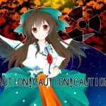  bad_id black_hair bow brown_hair cape caution hair_bow open_clothes radiation_symbol red_eyes reiuji_utsuho smile solo soon32281 tama_(soon32281) third_eye touhou wings 