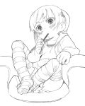  eating hoodie marui_mitsuba mitsudomoe monochrome om_(artist) pocky short_hair short_twintails sitting skirt striped striped_legwear thigh-highs thighhighs twintails 