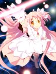  arm_up blush boots bow dress goddess_madoka hair_bow highres kaname_madoka light_smile long_hair looking_up mahou_shoujo_madoka_magica outstretched_arm outstretched_hand pink_hair solo space spoilers twintails ultimate_madoka very_long_hair yamasan yellow_eyes 