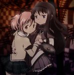  akemi_homura anime_coloring bagoflimbs black_hair blush checkered dark hairband hand_holding hand_on_another's_chest hand_on_chest hand_on_waist holding_hands hornhell hug kaname_madoka long_hair magical_girl mahou_shoujo_madoka_magica multiple_girls official_style pantyhose pink_hair purple_eyes railroad_tracks school_uniform shield short_hair twintails violet_eyes witch's_labyrinth 