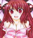  bad_id bare_shoulders bra breasts cleavage fang fujisaki_kaon koakuma large_breasts lingerie long_hair open_mouth pink_bra red_eyes red_hair redhead shikishi smile solo striped striped_legwear striped_thighhighs the_embodiment_of_scarlet_devil thigh-highs thighhighs touhou traditional_media underwear underwear_only very_long_hair 