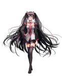  black_hair long_hair necktie red_eyes simple_background smile solo thigh-highs thighhighs twintails very_long_hair vocaloid zatsune_miku zettai_ryouiki 