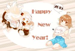  2015 :3 ahoge brown_eyes brown_hair crossover dress flying_sweatdrops fumizuki happy_new_year horns kantai_collection last_order long_hair mittens new_year northern_ocean_hime orange_eyes shinkaisei-kan short_hair sitting smile stuffed_animal stuffed_sheep stuffed_toy to_aru_majutsu_no_index white_dress white_hair white_skin 