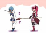  blue_hair blush cape hand_on_hip hips long_hair magical_girl mahou_shoujo_madoka_magica mikami_komata miki_sayaka multiple_girls naughty poking polearm ponytail red_hair redhead sakura_kyouko short_hair spear sword thighhighs translated weapon 