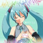  aqua_hair bad_id closed_eyes detached_sleeves eyes_closed hatsune_miku headset heart heart_hands hinami_(ryuusei_potechi) necktie smile solo twintails vocaloid 
