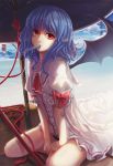  beach beach_umbrella blue_hair demon_wings dress no_hat no_headwear pointy_ears popsicle red_eyes remilia_scarlet sand sitting sola_(sola04) solo touhou water wings 