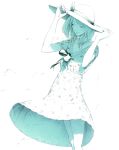  closed_eyes copyright_request dress dress_lift eyes_closed hand_on_hat hat light_smile monochrome sawasawa solo sun_hat wind_lift 