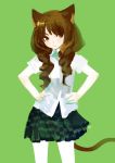  animal_ears brown_eyes brown_hair cat_ears cat_tail checkered checkered_skirt drill_hair faux_traditional_media green hands_on_hips highres long_hair original pump_(artist) school_uniform shirt short_sleeves simple_background skirt solo tail white_shirt 