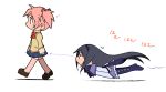  black_hair chibi floating hair_ribbon hairband highres homu kaname_madoka long_hair mahou_shoujo_madoka_magica pantyhose pink_eyes pink_hair ribbon shinanoya_(satanicad) short_hair short_twintails skirt thigh-highs thighhighs twintails walking zettai_ryouiki 