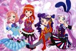  4girls absurdres ageha_mia ahoge animal_ears ayase_naru blue_hair brown_eyes crossover dress flower gloves green_eyes happy harune_aira high_heels highres long_hair manaka_lala multiple_girls one_eye_closed pantyhose pink_hair pretty_rhythm pretty_rhythm_aurora_dream pretty_rhythm_dear_my_future pretty_rhythm_rainbow_live puri_para purple_hair rabbit_ears red_eyes redhead short_hair twintails violet_eyes 