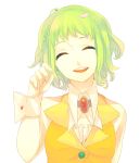  bad_id closed_eyes green_hair gumi highres kyama petals short_hair simple_background smile solo vocaloid wrist_cuffs 