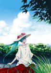  clouds floating_hair grass hat hatsune_miku highres jewelry leaf necklace profile sky sola7764 solo summer vocaloid wind 