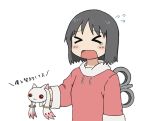  &gt;_&lt; blush crossover hand_puppet hazuki_15pika hoodie kyubey mahou_shoujo_madoka_magica nichijou official_style open_mouth puppet red_eyes shinonome_nano short_hair tears translated wavy_mouth winding_key 