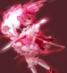  bad_id bow_(weapon) flower gloves hair_ribbon highres kaname_madoka konnya konya_(chocolate_palette) magical_girl mahou_shoujo_madoka_magica pink_eyes pink_hair red_rose ribbon rose short_hair smile twintails weapon 