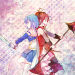  2girls armband back-to-back back_to_back bare_shoulders blue_eyes blue_hair cape detached_sleeves dress female food food_in_mouth gloves hair_bow legwear long_hair mahou_shoujo_madoka_magica miki_sayaka mizuki_(flowerlanguage) multiple_girls open_mouth pocky polearm red_eyes red_hair redhead sakura_kyouko short_hair skirt spear stockings sword thigh-highs thighhighs weapon 