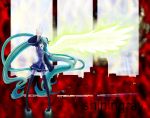  arm_up black_legwear boots detached_sleeves energy_wings green_eyes hatsune_miku highres long_hair necktie pigeon-toed pigeon_toed sanbou shiningray_(vocaloid) single_wing solo thigh-highs thigh_boots thighhighs very_long_hair vocaloid wings 