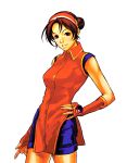  alternate_hairstyle asamiya_athena brown_hair china_dress chinese_clothes elbow_gloves fingerless_gloves gloves hair_bun hairband hiroaki_(kof) king_of_fighters king_of_fighters_2000 short_hair shorts snk solo 