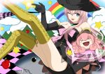  apple blue_eyes blush_stickers boots breasts checkered cleavage fish food fruit hat highres kuromayu large_breasts long_hair magic_circle megurine_luka pink_hair project_diva project_diva_2nd rainbow star stars takoluka thigh-highs thigh_boots thighhighs vocaloid wink witch_hat 