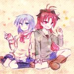  2girls blue_eyes blue_hair blush boots casual food footwear grin hair_bow heart hearts hoodie lap long_hair long_sleeves lowres mahou_shoujo_madoka_magica miki_sayaka mizuki_(flowerlanguage) multiple_girls open_mouth red_eyes red_hair redhead sakura_kyouko school_uniform shoes short_hair shorts sitting skirt smile socks star stars 