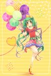  balloon belt bow bracelet footwear green_eyes green_hair hair_bow hatsune_miku high_heels highres jewelry leg_lift legs long_hair polka_dot polka_dot_legwear shoes skirt socks solo twintails very_long_hair vocaloid yellow yellow_legwear 